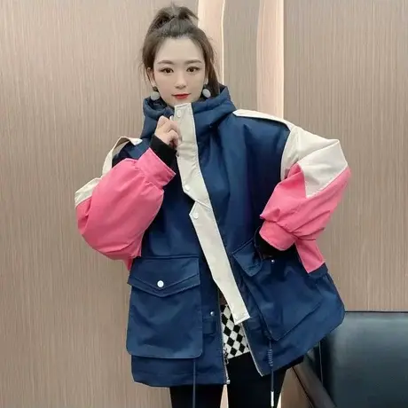 欧货撞色字母印花外套女2023秋冬新款加绒加厚宽松连帽派克服棉服图片