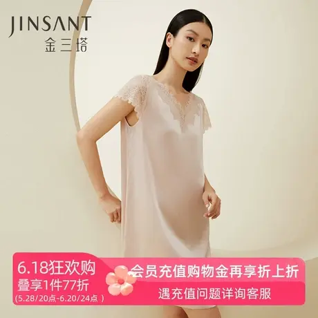 金三塔真丝睡裙女春夏100%桑蚕丝重磅蕾丝真丝睡衣V领短袖家居服商品大图