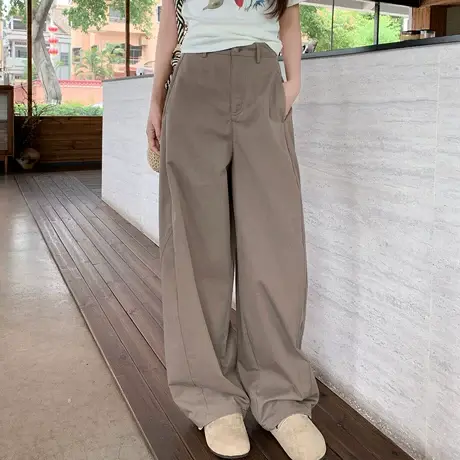 尔给夏季休闲裤女显瘦高腰直筒百搭复古拖地垂感阔腿宽松直筒裤图片