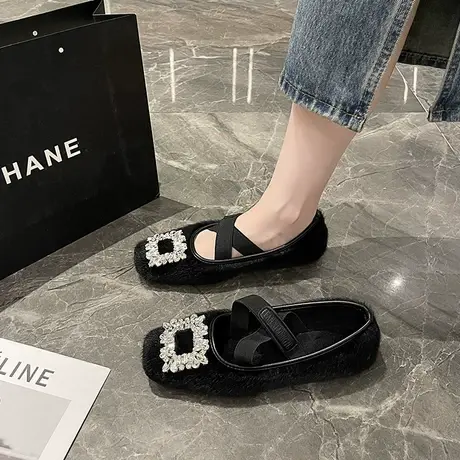 豆豆鞋女2023新款秋冬网红超火水钻一脚蹬单鞋平底浅口绒面毛毛鞋商品大图