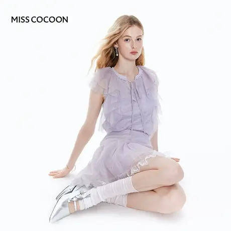 MISS COCOON可可尼小飞袖紫色短袖2025夏季新款荷叶边细闪针织T恤商品大图
