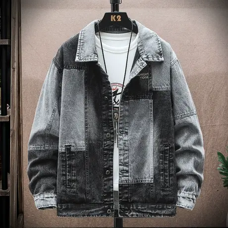 翻领牛仔外套男春秋款潮牌宽松上衣服青少年拼接帅气休闲男士夹克商品大图