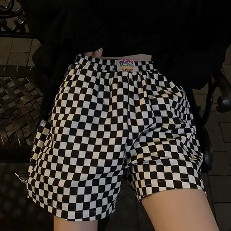 黑白格子短裤女夏季薄款高腰阔腿宽松百搭ins潮直筒休闲运动热裤商品大图