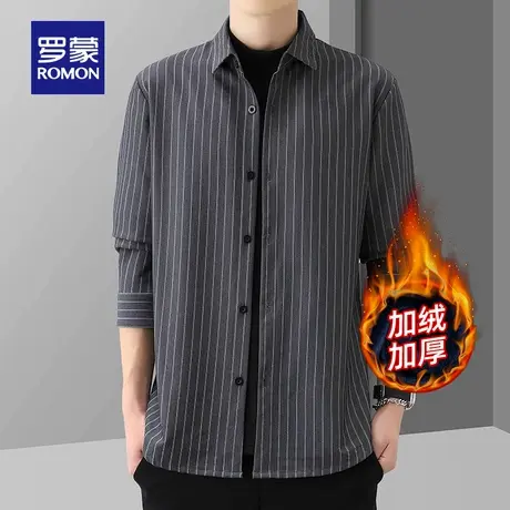 【加绒保暖】罗蒙时尚条纹假两件2025冬季新款休闲厚款翻领针织衫图片