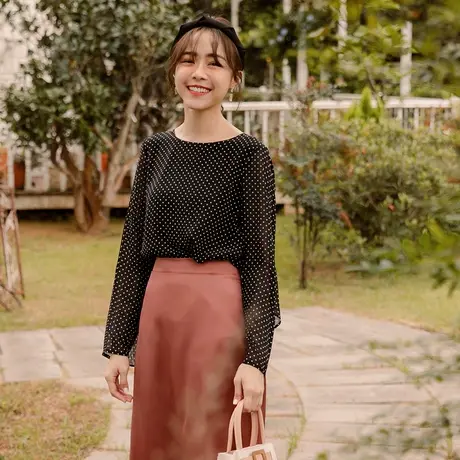 桔熊春秋甜美复古雪纺衫宽松圆点微透荷叶长袖上衣女大码AB16157商品大图