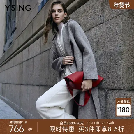 【宠粉价3件8折】衣香丽影灰色翻领羊驼毛大衣女连帽双面呢子外套商品大图