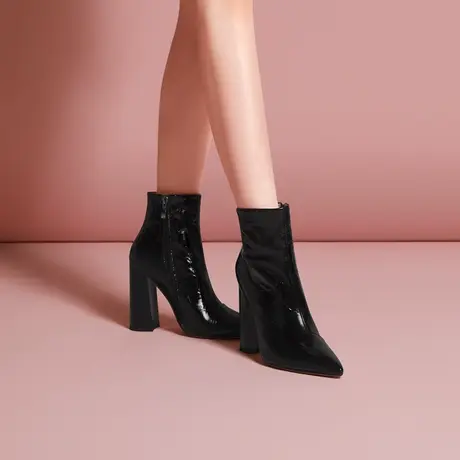 熙漫2023秋冬新款粗跟小个子气质短靴尖头欧美时尚百搭舒适女靴子图片