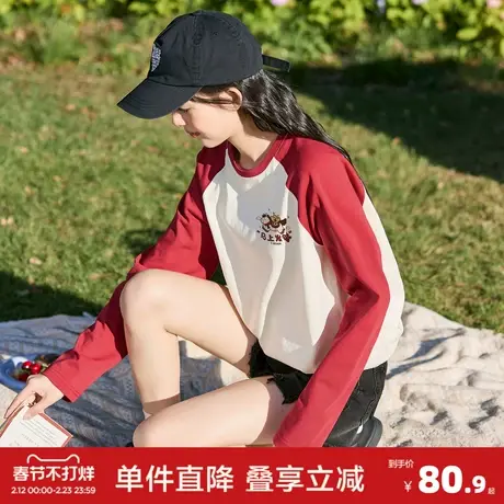 唐狮2026春季新款女长袖T恤小马卡通印花插肩袖红色新年氛围感图片