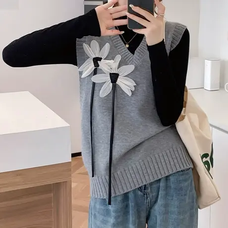 时尚设计感针织马甲女外搭春秋V领宽松显瘦秋冬叠穿毛衣坎肩背心商品大图