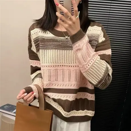 拼色洋气慵懒风镂空针织套头女毛衣2023秋冬新款百搭外穿休闲上衣商品大图