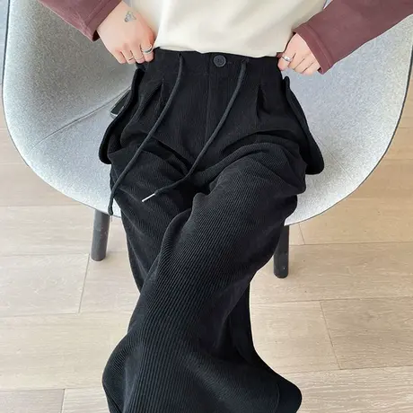 灯芯绒黑色阔腿裤女冬季高腰宽松雪尼尔加绒加厚直筒休闲拖地裤子商品大图