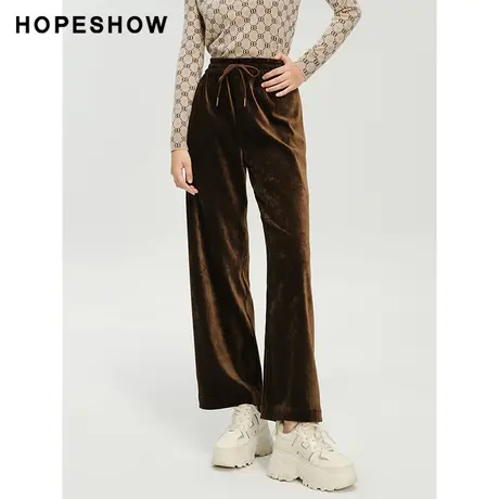 红袖outlets纯色系带丝绒阔腿裤hopeshow2023冬复古大地色休闲裤商品大图
