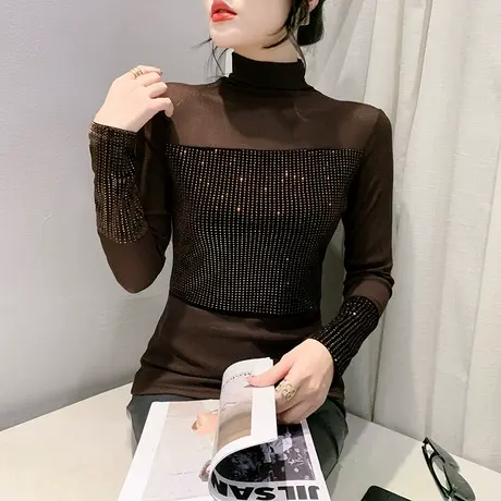 性感高领T恤女长袖气质网纱烫钻拼接上衣洋气修身透气秋冬打底衫商品大图