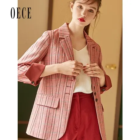Oece春装新款女装 帅气少女复古英伦粉系格纹气质小西装外套商品大图