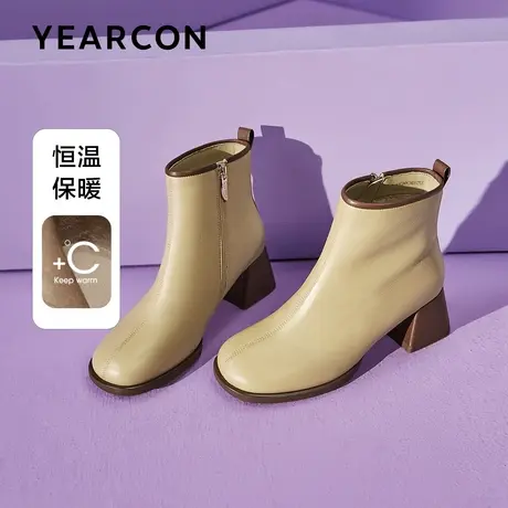 意尔康真皮短靴女靴2023新款冬法式气质粗跟瘦瘦靴配裙子时装靴子商品大图