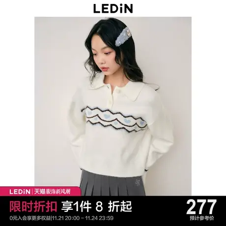 乐町雪系少女POLO针织衫23年秋冬新款爱心波浪提花绒感宽松毛衣图片