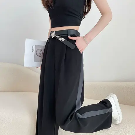 黑色窄版阔腿裤女夏季薄款高腰显瘦垂感宽松直筒西装休闲拖地长裤商品大图
