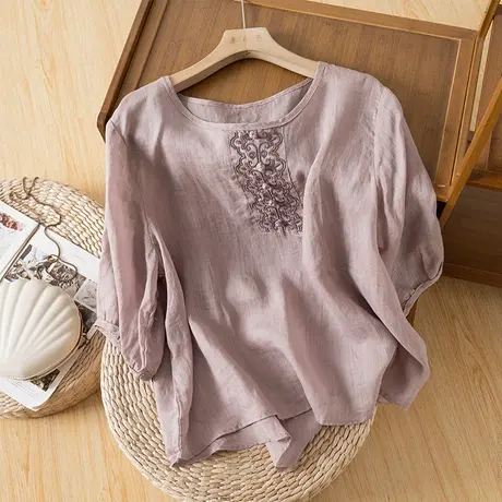 享永子五分袖苎麻小衫女夏文艺复古刺绣宽松显瘦棉麻上衣2023新款商品大图