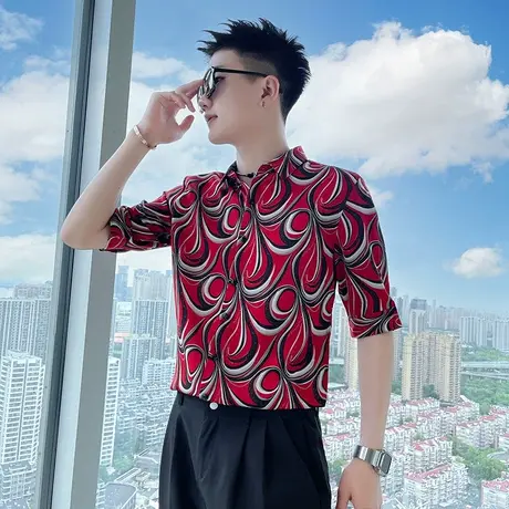 夏季男士花色衬衫衬衣短袖修身中袖半袖潮牌潮流个性帅气休闲百搭图片