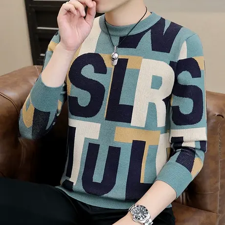 提花字母毛衣男士韩版潮流撞色长袖针织打底衫秋冬季加厚保暖线衣商品大图