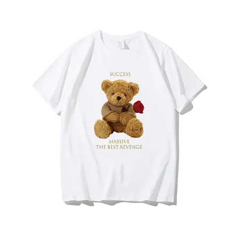 欧美潮牌玫瑰毛绒熊t恤男女情侣装短袖夏季ins港风纯棉宽松体恤商品大图