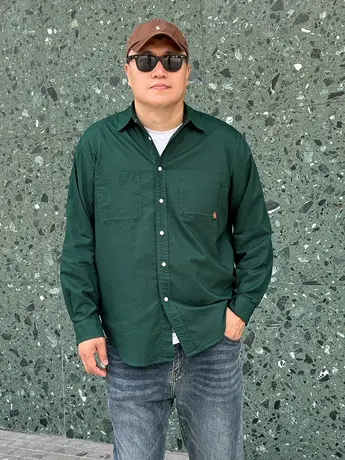 DAEVU春秋新款牛津纺绿色潮胖子加肥加大码男士长袖休闲衬衫衬衣商品大图