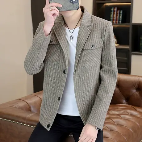 春秋款男装外套潮流毛呢西装领男士成熟稳重痞帅工装休闲呢子夹克商品大图