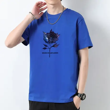 重磅纯棉短袖t恤男圆领潮流宽松全棉半袖液氨长绒棉克莱因蓝体恤商品大图