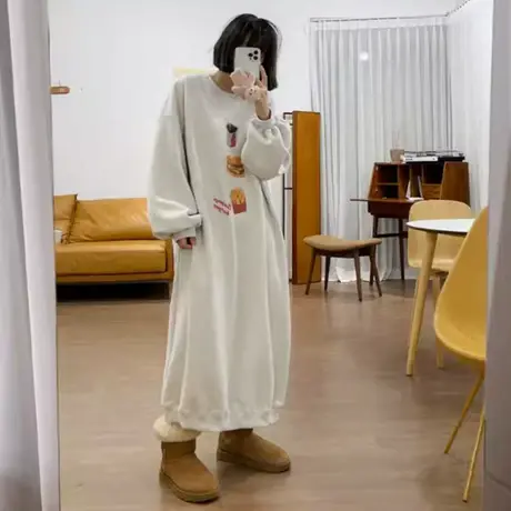 秋冬新款印花套头卫衣连衣裙女过膝长款韩版宽松大码时尚休闲外套商品大图