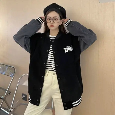 棒球服女2023年新款秋季百搭宽松韩版黑色夹克上衣灯芯绒外套潮商品大图