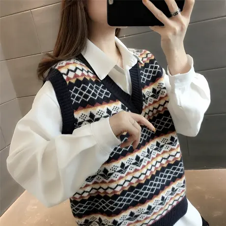 文艺范菱形刺绣V领针织马甲女背心提花毛衣马夹针织衫女坎肩宽松图片