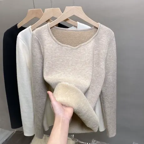 一体绒低领毛衣女加绒加厚打底衫2023秋冬新款外穿针织衫内搭上衣商品大图