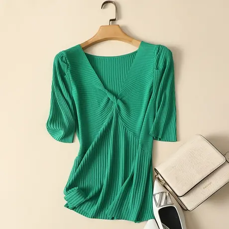 春装2024年新款中袖冰丝针织打底衫女薄款内搭五分袖上衣短袖t恤商品大图