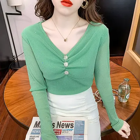 女装2024新款潮性感V领T恤网纱上衣修身百搭加绒打底衫女长袖春秋图片