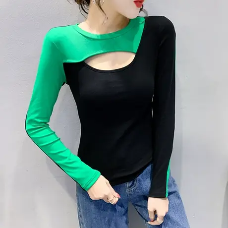 拼色镂空长袖T恤女2024年新款内搭圆领打底衫春秋设计感修身上衣商品大图