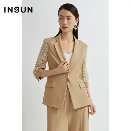 恩裳奥莱夏季干练气质拼接蕾丝网纱袖西装外套图片