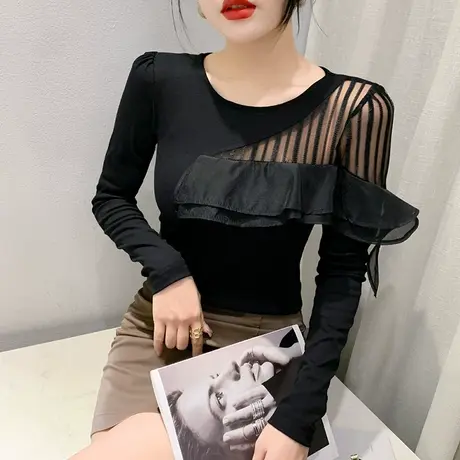 欧货性感露肩T恤女长袖内搭荷叶边打底衫心机网纱拼接上衣秋装潮商品大图