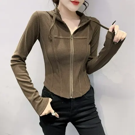 拉链连帽卫衣女春秋设计感小众短款外套开衫长袖小个子收腰上衣潮图片