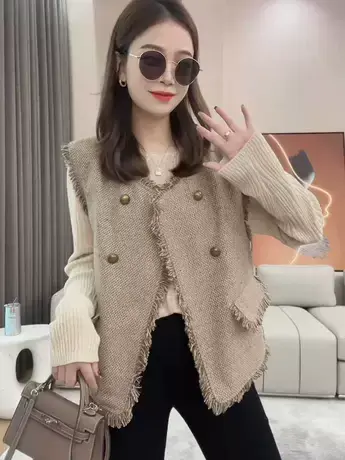 高级感流苏小香风马甲女2023新款今年流行双排扣外搭背心马夹开衫商品大图