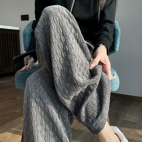 灰色雪尼尔棋盘格阔腿裤女秋冬季加厚灯芯绒高腰休闲宽松直筒裤子商品大图