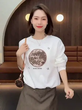 小个子时尚加绒卫衣女士长袖上衣2023秋季新款洋气宽松圆领体恤衫商品大图