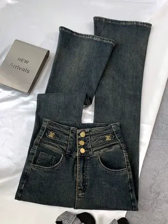 金属装饰排扣牛仔喇叭裤女2023秋冬新款显瘦百搭高腰加绒马蹄长裤商品大图