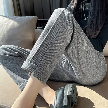 加绒灰色毛呢裤子女直筒2024秋冬新款高腰宽松显瘦九分休闲萝卜裤商品大图