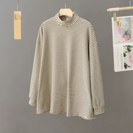 条纹打底衫女秋冬新款外穿半高领长袖t恤宽松大码双面绒内搭上衣图片