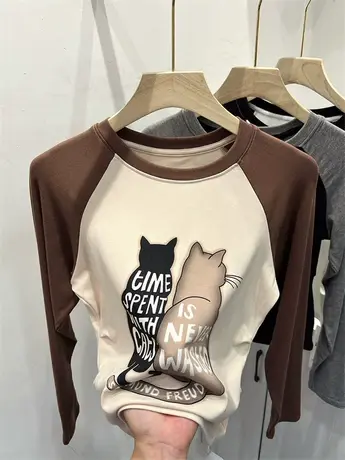 美式猫咪字母印花T恤撞色长袖上衣女2023秋款修身拼接设计打底衫商品大图