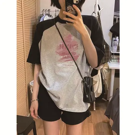 美式复古纯棉短袖T恤女夏季韩版百搭宽松显瘦打底衫插肩袖上衣服商品大图