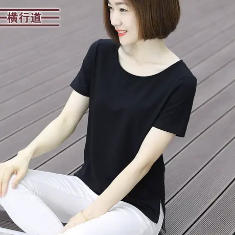 纯色t恤女短袖夏装休闲开叉宽松体恤黑色上衣圆领2025打底衫半袖商品大图