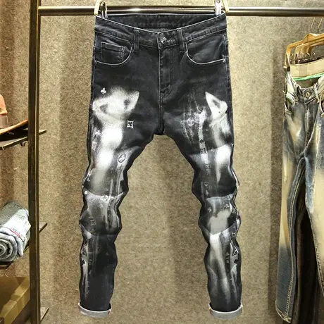 秋冬款黑色烫印牛仔裤男款修身小脚弹力长裤潮牌水洗磨白油漆裤子商品大图