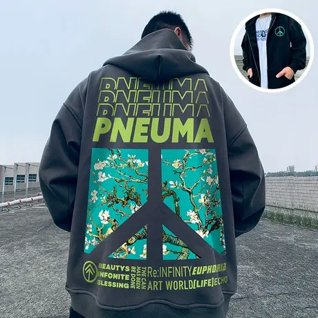 oversize秋冬宽松反战大码男装连帽加绒加厚拉链开衫胖子ins卫衣图片