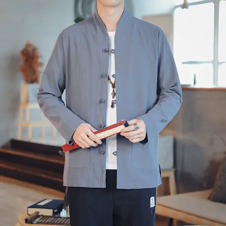 春秋装盘扣中国风棉麻男士长袖衬衫中式复古青年圆领大码衬衣男潮商品大图